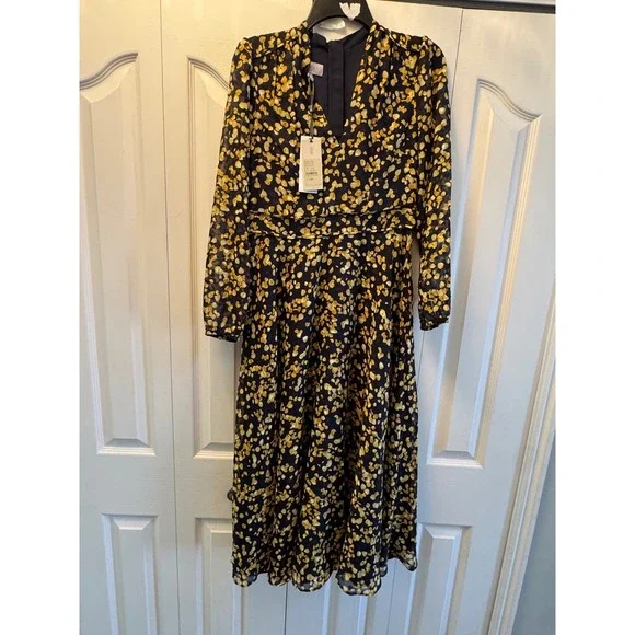 Hobbs London Aurora Dress Navy Yellow Petal Print Midi Recycled Polyester 6 NEW - Picture 4 of 10